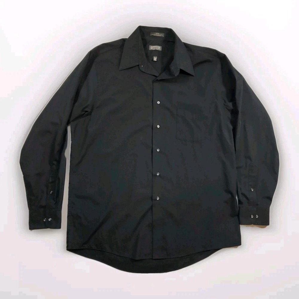 Arrow Mens Dress Shirt Long Sleeve Black Size 16.5 34/35 L Wrinkle Free Poplin